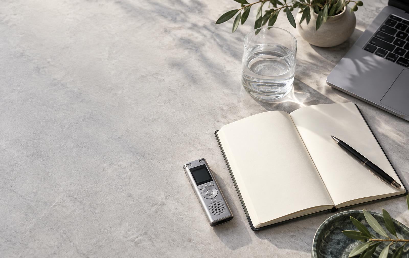 A voice recorder, open notebook, and pen on a sunlit writing desk